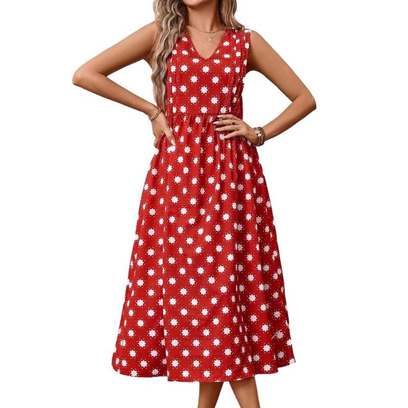 Robe d'été pour femmes Col en V Taille haute Sans manches Robes imprimées