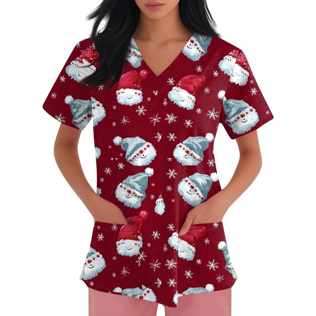 Clinical Uniform Women Gingerbread Santa Claus Print Christmas V-Neck Scrubs Women Fashion Short Sleeve Surgical Uniforms Top's