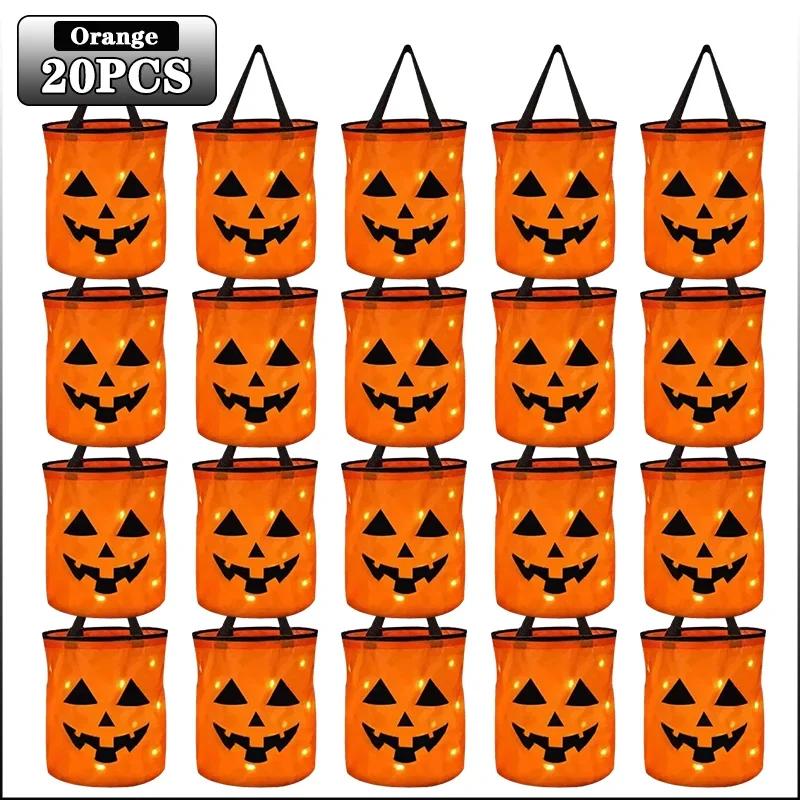 1-20PC LEDLight Up Halloween Pumpkin Candy Tote Bag Basket for Kids Trick or Treat Party Bucket for Holiday Event Decoration Use