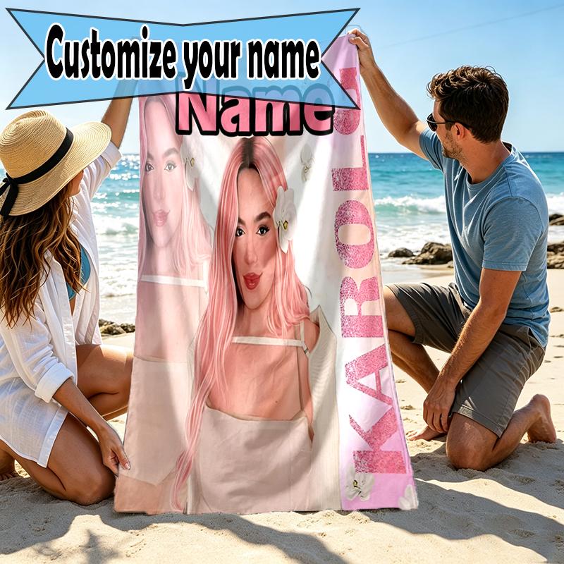 Custom Name Personalized Karol G Print Beach Towel, for Trip Camping Beach Party Home Decor, Birthday Gift for Family & Friends
