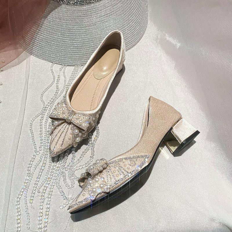 

Остроносые туфли-лодочки женские 2025 новые толстый каблук мелкий вырез стразы жемчужный бант темперамент женская обувь четыре сезона мягкая подошва удобные 41