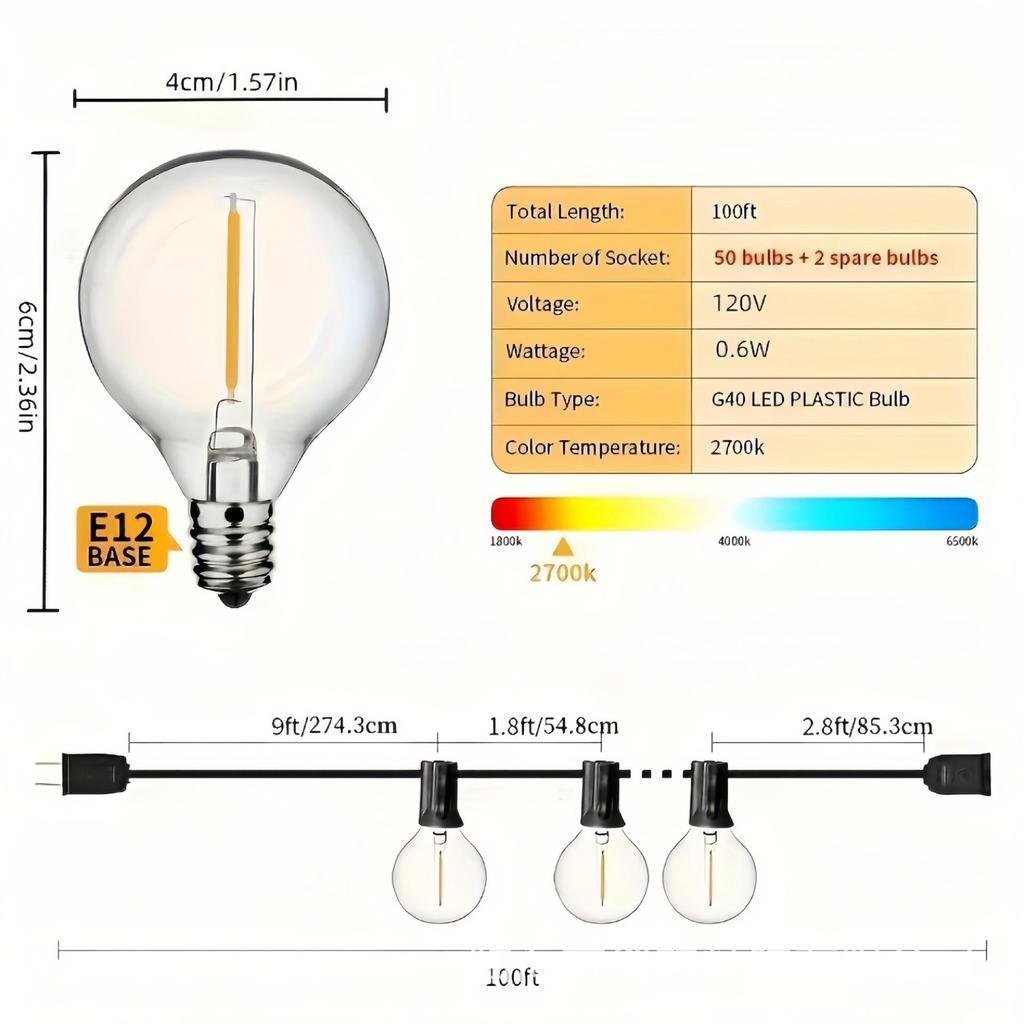 Waterproof Outdoor Solar LED G40 Bulb String Lights for Courtyard & Camping