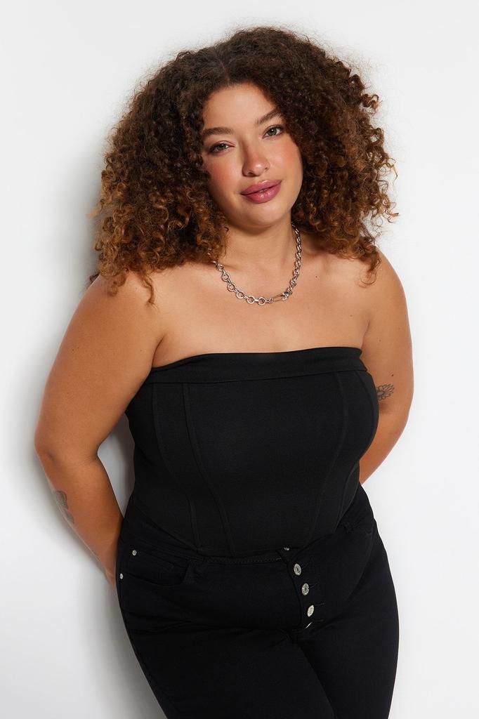 Schwarze trägerlose Strickbluse im Damen-Stil in Übergröße