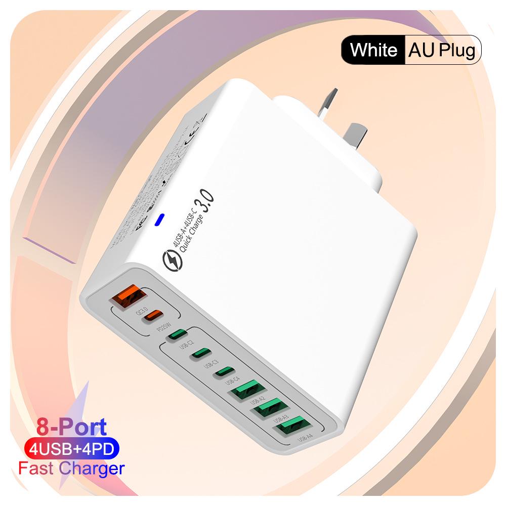 55W 8-Port Fast Charger: 4 USB, 4 PD, QC3.0 Compatible with EU/US/Korean Standards