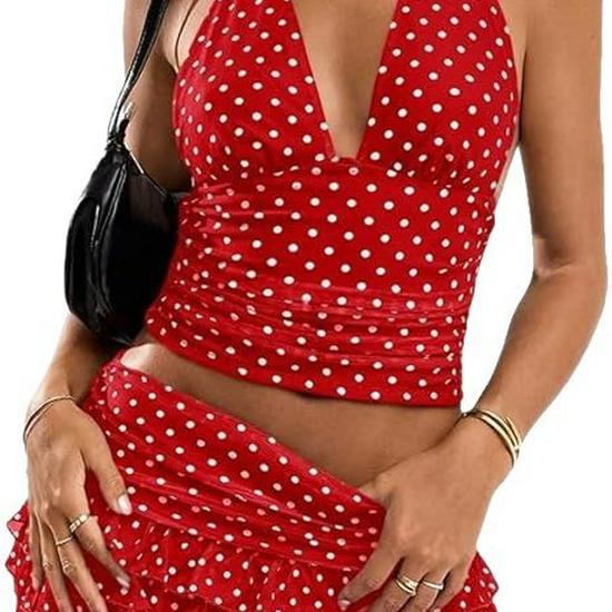 Women's Retro Halter V-Neck Polka Dot Top & Ruffled Skirt Set