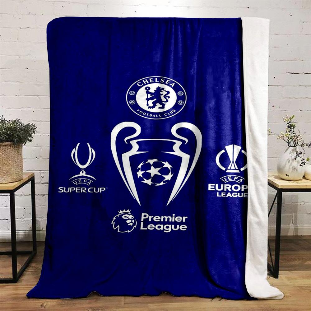 Chelsea Trophy Logos on Blue Background Flannel blanket for bedroom, living room, sofa, and nap sofas