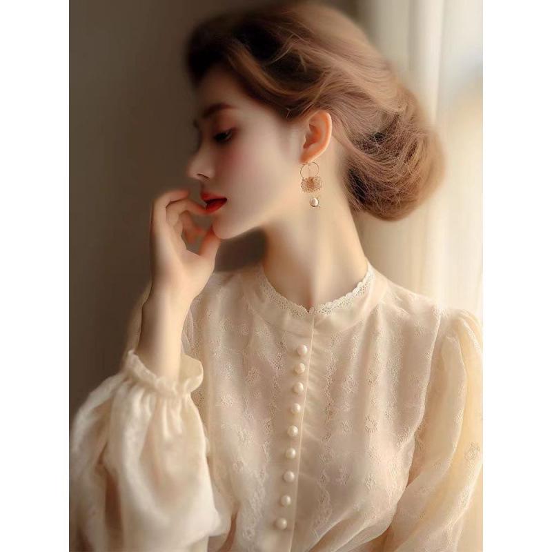 

zZZ2024 Французская кружевная блузка с длинными рукавами для женщин цвета абрикоса 2XL [63-68 kg]