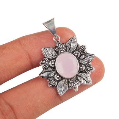 Vzácný drahokam růžový chalcedon Šperky ze sterlingového stříbra 925 Ručně vyrobený přívěsek 1,59" CP-14-7