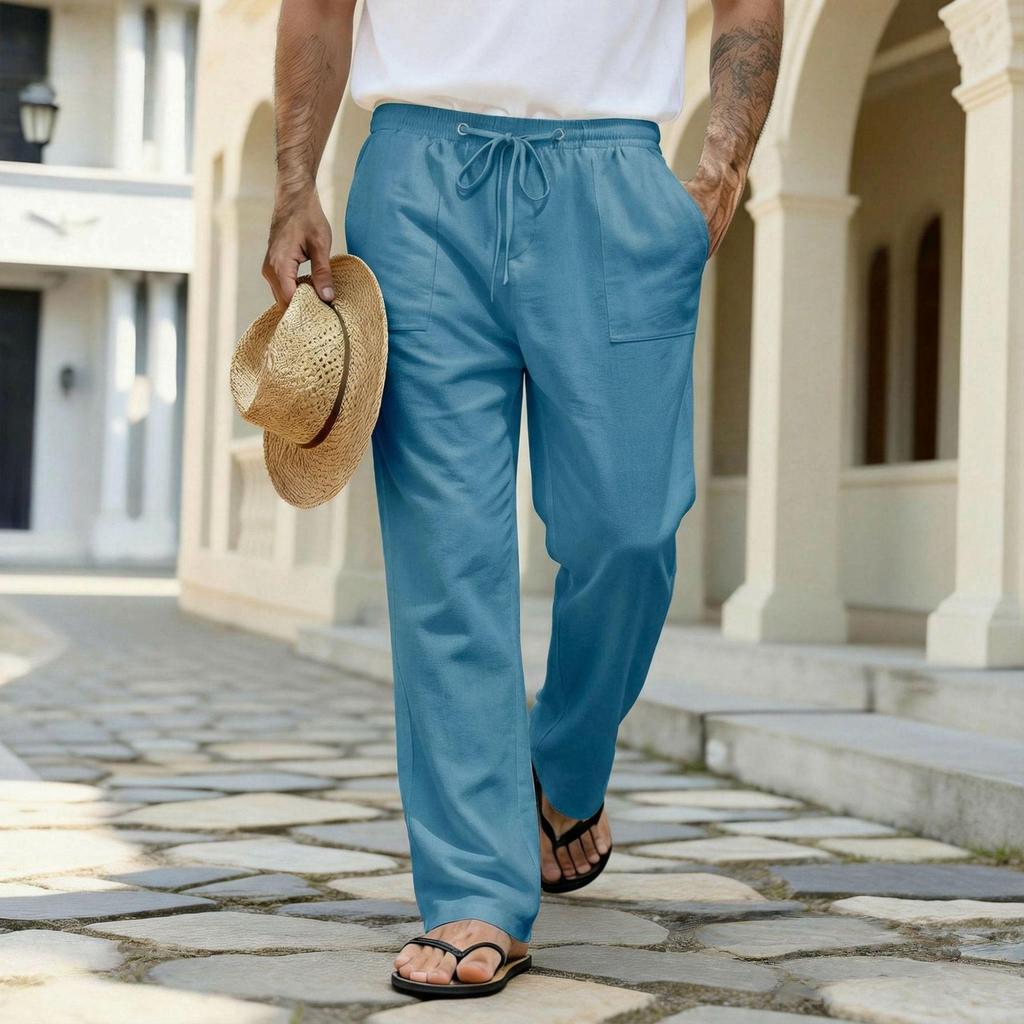 2026 Casual Men's Loose Summer Breathable Beach Pants with Drawstring and Straight Leg Design in Solid Colors.