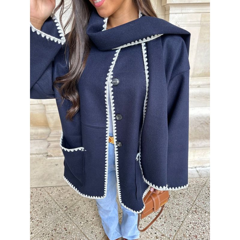 

French style Fashion Contrast Color Scarf Woolen Jacket Women Autumn Elegant Socialite Loose Top Women Casual Top Blue XL
