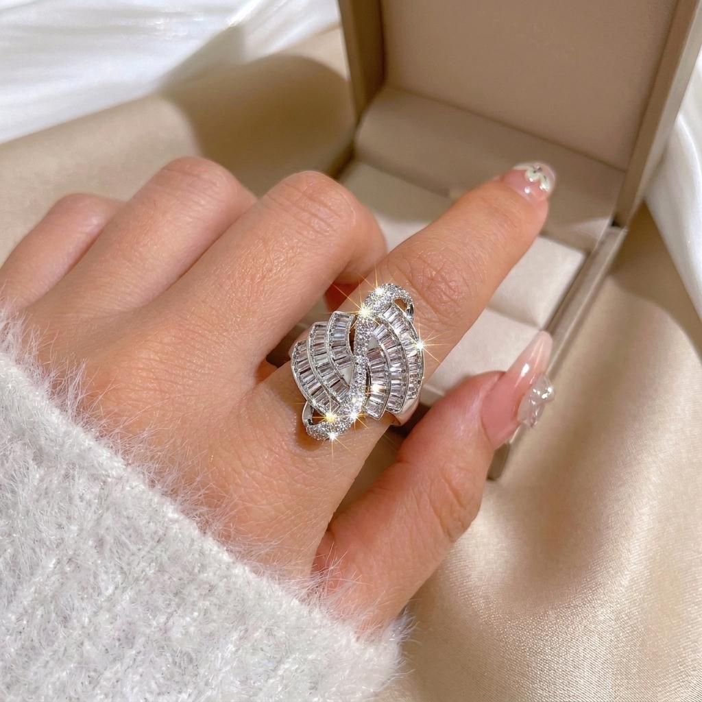 Bold Geometric Asymmetric Cubic Zirconia Copper Ring for Women Modern Abstract Edgy Statement Finger Jewelry