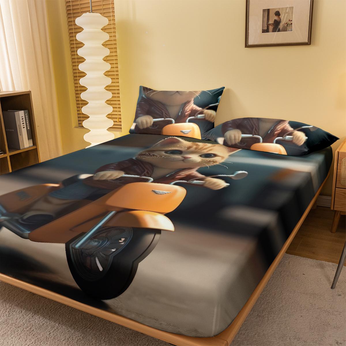 

1 Cartoon Cute Animal Cat Digital Printed Frosted Fitted Sheet,bedroom Printed Bed Cover,bedding(No Pillowcase) 71x132cm