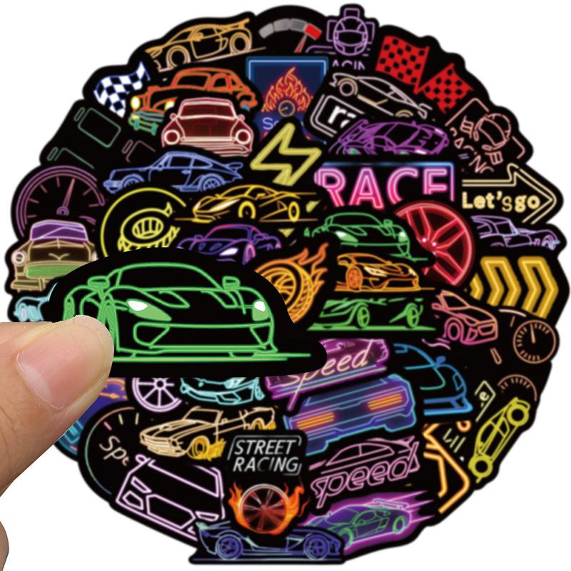 50PCS Cool Neon Stickers Racing Stickers Race Car Stickers Car Theme Waterproof Vinyl Decals for Water Bottles Laptop Guitar