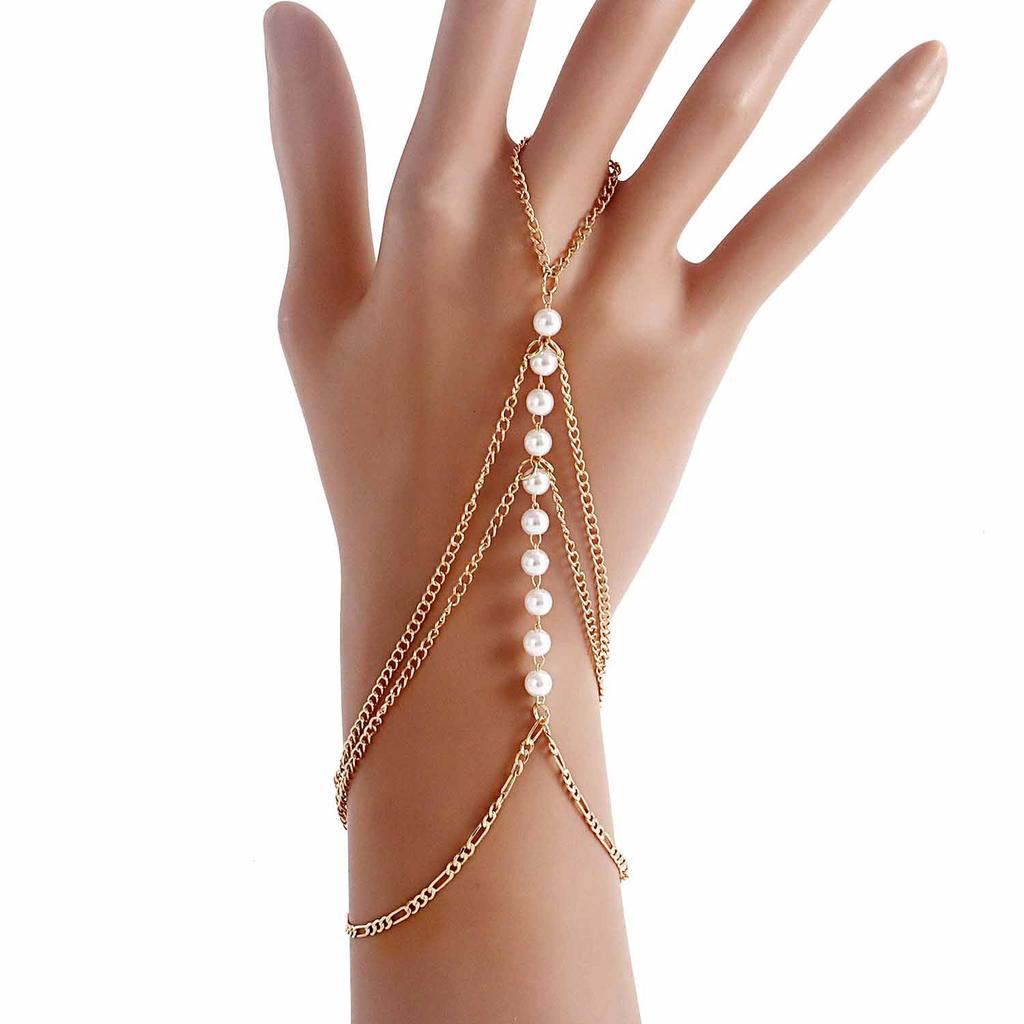 Europe and the United States popular ins style punk love imitation pearl bracelet exaggerated personality metal finger chain jewelry