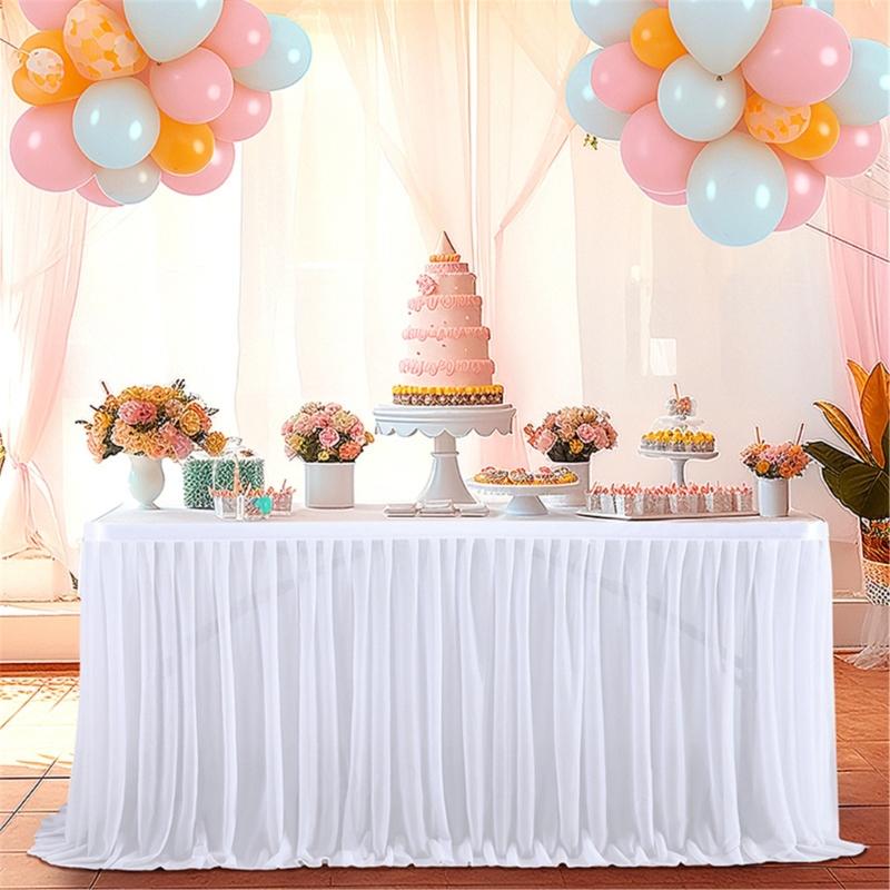 Pearls Tulle Banquets Table Cover Various Size Polyester Table Skirt Drape For Wedding Ceremony Celebration Decoration