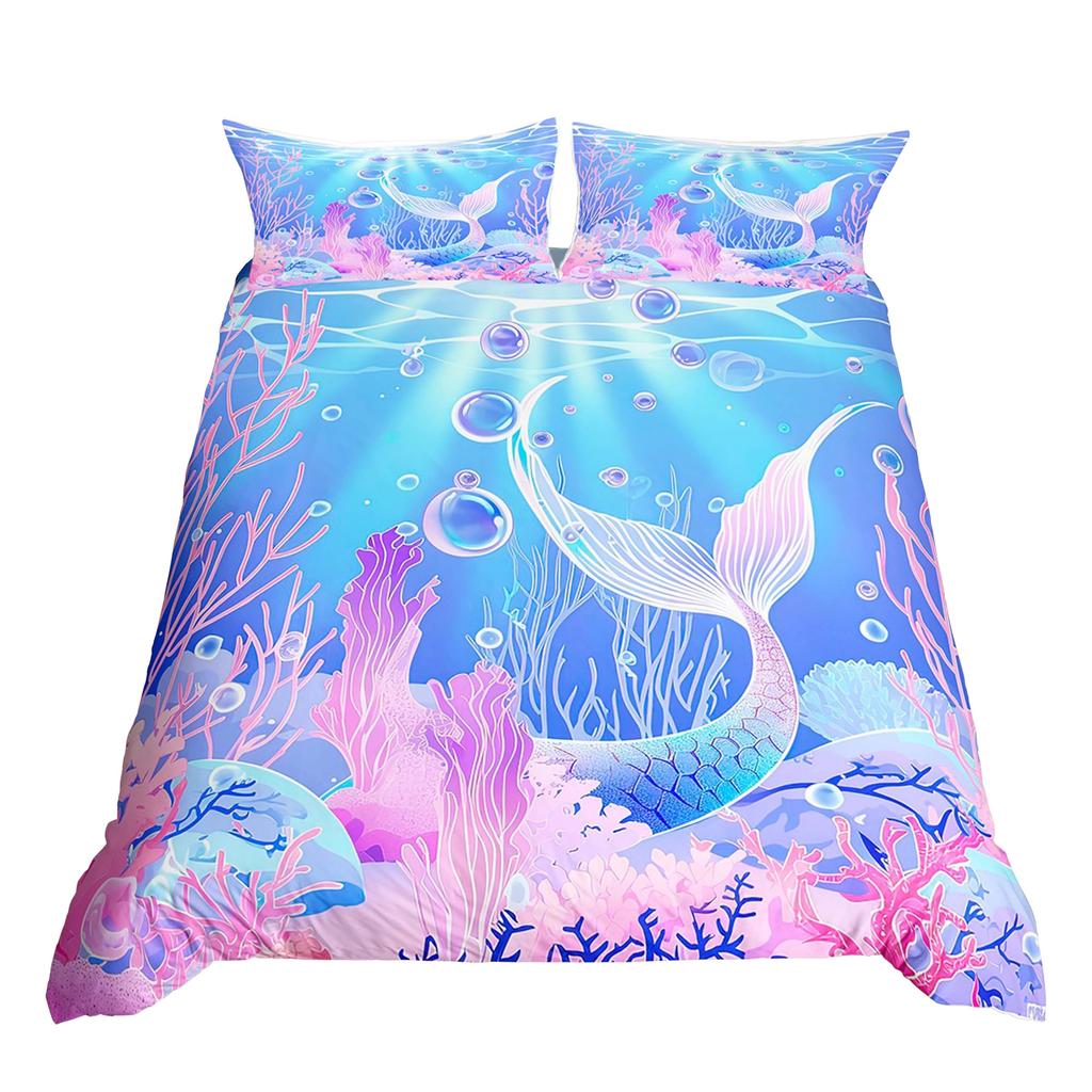 Erosebridal Mermaid Tail Comforter Cover,Kids Fish Scales Duvet Cover Twin,Girly Shell Starfish Bedding Set Ocean Life Sea Animal Bed Sets P