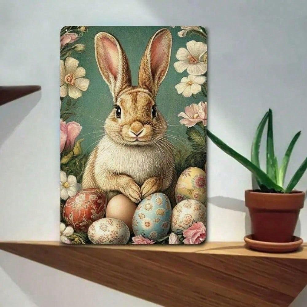 Rustic Farmhouse Easter Bunny Metal Sign Vintage Spring Wall Art Cute Hanging Ornament Indoor Home Decor