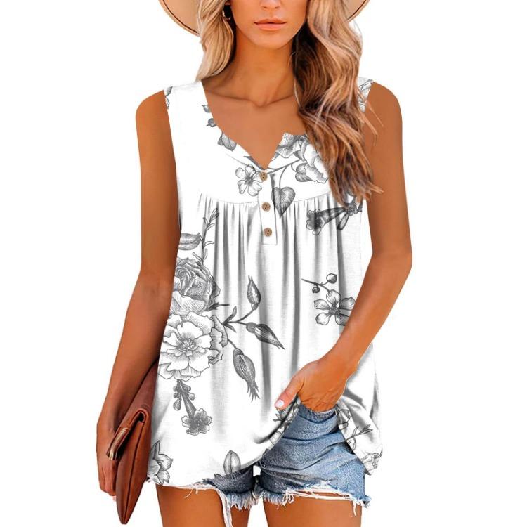 Floral Print Women's Casual Sleeveless Pleated Button Vest T-shirt Top