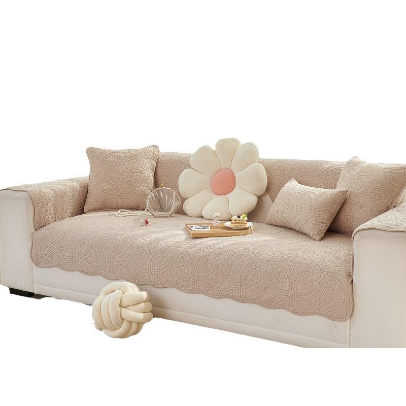 French Retro Embroidery Pure Cotton Sofa Cushion, Universal In All Seasons, Light Luxury Fabric Sofa Towel Cover, Non-Slip Leather Seat Cushion