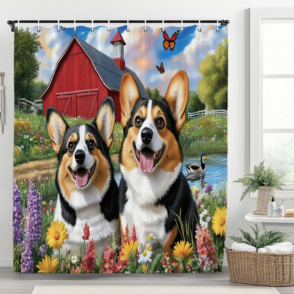 3D Printed Cute Puppies Shower Curtain Lovely Cartoon Animal Bathroom Decorative Curtain, Printed Home Curtain with 12 Hooks