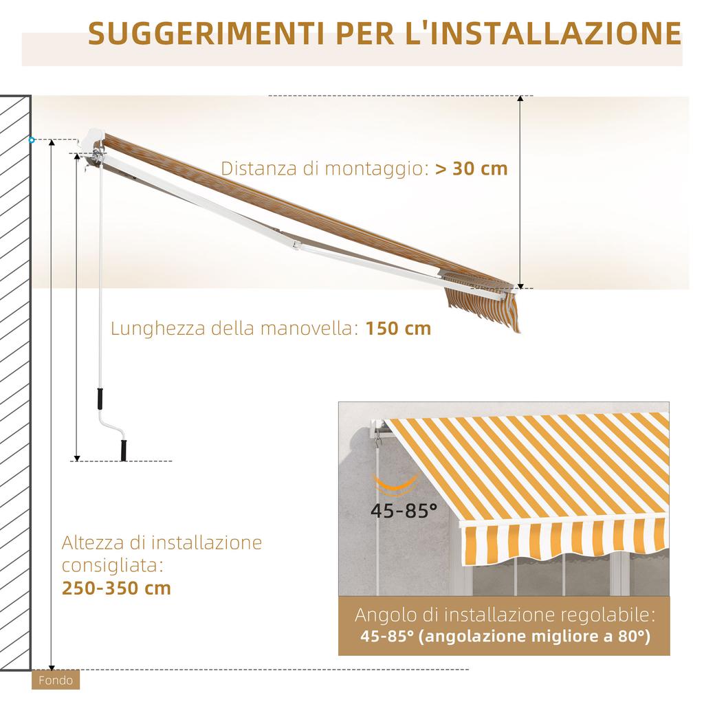 Manual Retractable Awning 295 x 245 cm Outdoor Terrace Awning with Crank, Adjustable Angle 45 degrees-85 degrees