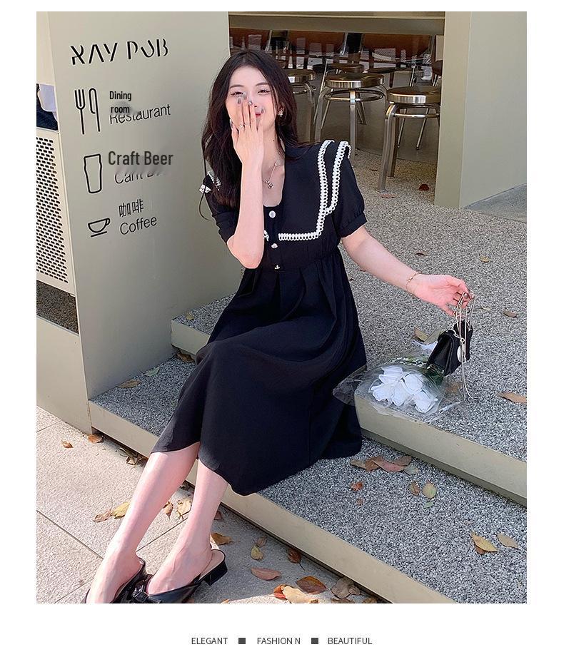 Dámské letní francouzské retro krajkové šaty s krátkým rukávem áčkového střihu s límečkem a pasem zeštíhlujícím postavu ve stylu Hepburn.