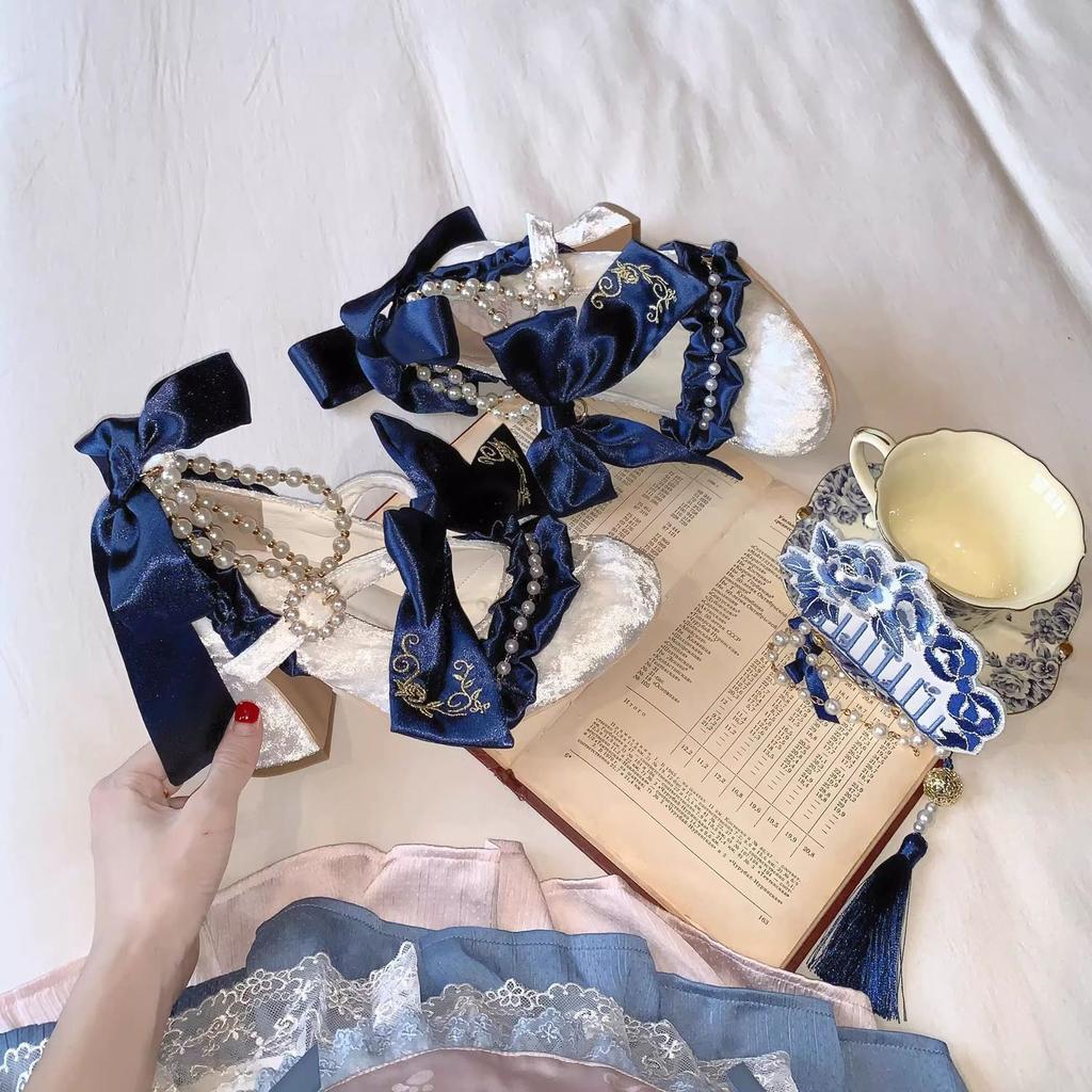 Shoes Woman Luxury Designer Lolita Court Style Velour Bowknot Princess Dress Shoes Sweet Lolita Elegant Ladies High Heels