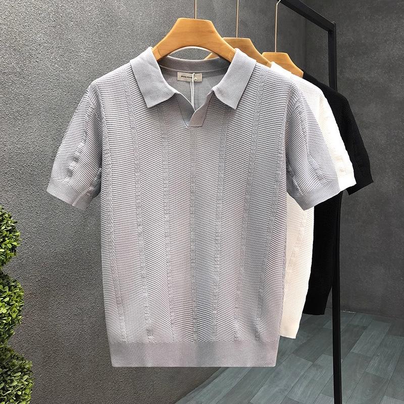Short-Sleeved Knitted Sweater Men'S Senior Business Style Polo Shirt V-Neck Slim-Fit Korean Version