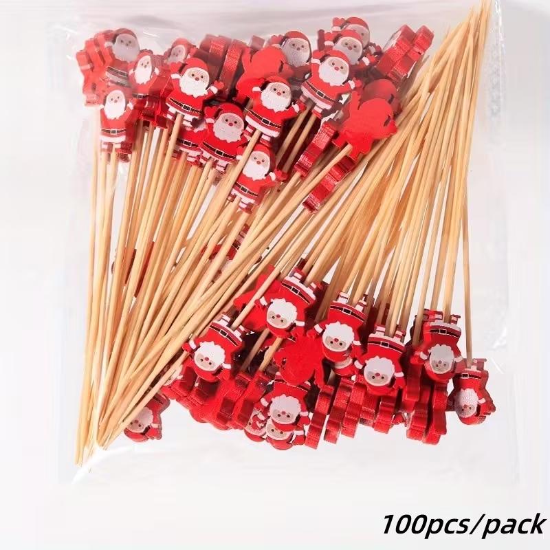 100Pcs Christmas Disposable Bamboo Skewers Santa Xmax Tree Fruit Fork Buffet Dessert Cocktail Sticks Christmas Decoration 2025
