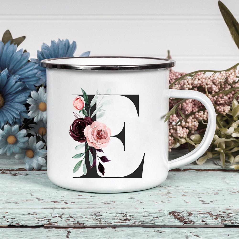 Alphabet Blumen A-Z Vintage Emaille Kaffee Tee Tassen Urlaub Camping Getränke Saft Bier Tassen Zuhause Büro Milch Tasse Geburtstagsgeschenke