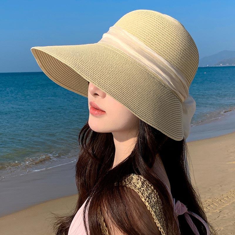Big brim straw hat women's sunscreen foreign style fashion bow seaside beach sunshade breathable face little fisherman hat
