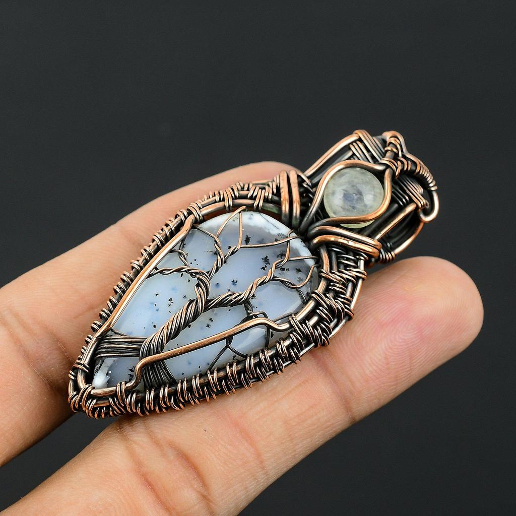 Tree Of Life Dendrite Opal & Rainbow Moonstone Gemstone Jewelry, 999 Copper Wire Wrapped Pendant, Gift For Women Handmade Pendant