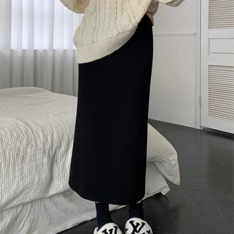 Knitted Half Skirt, Medium Length, High Waisted, Slimming Open A-line, Buttocks Wrapped Skirt