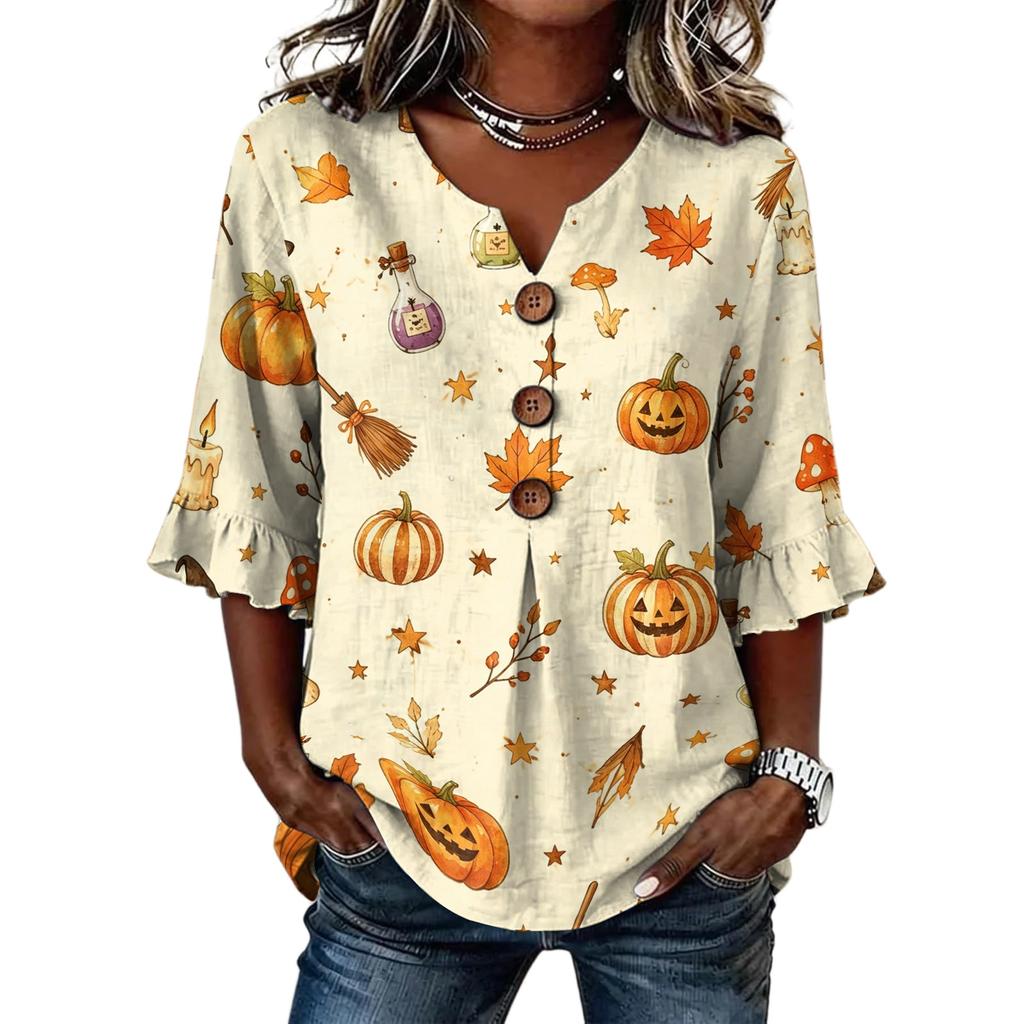Women's Casual V-Neck Ruffle Sleeve Loose Fit Blouse with Halloween All-Over Print
