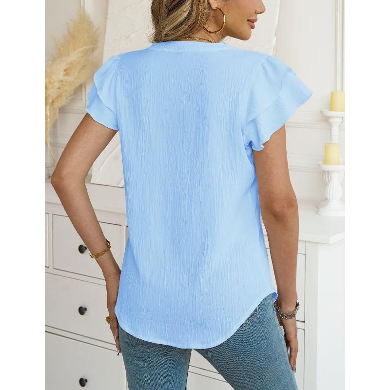 Summer Fashion Ruffled V-neck Women's Pullover Double Layered Short Sleeved T-shirt
