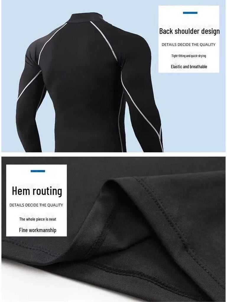 Men's High-Collar Basketball Training Tights - Long Sleeve, Plus Velvet, Warm, High Elastic, Quick-Drying.