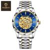 BINBOND Men's Automatic Mechanical Watch Skeleton Hollow Blue Dial Diamond Stainless Steel Waterproof Luxury Business Wristwatch
