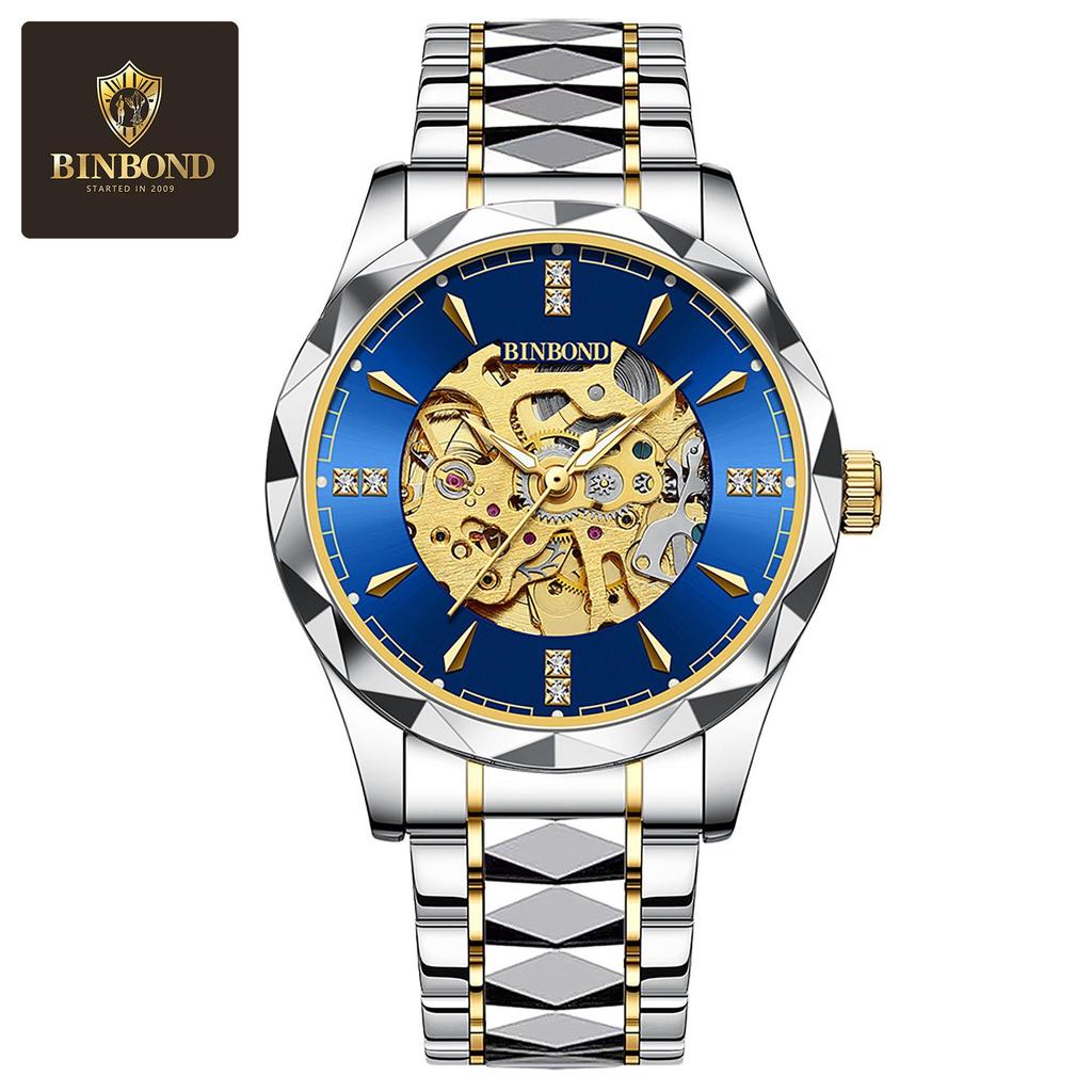 BINBOND Men's Automatic Mechanical Watch Skeleton Hollow Blue Dial Diamond Stainless Steel Waterproof Luxury Business Wristwatch