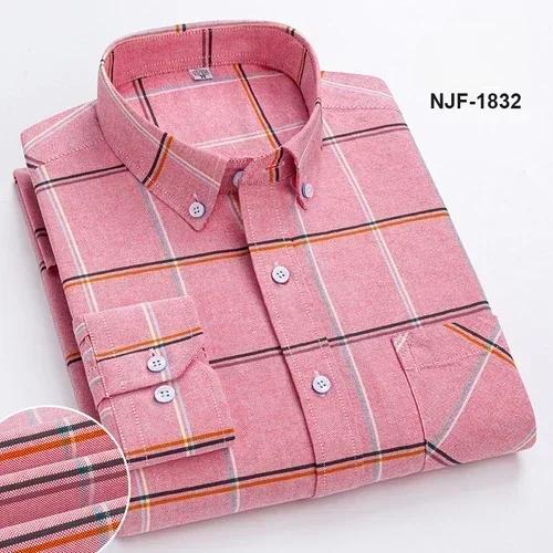 Spring and Autumn Men's Pure Cotton Long Sleeved Shirts for Middle and Youth Leisure All Cotton Oxford Plaid Plus Size Shirts