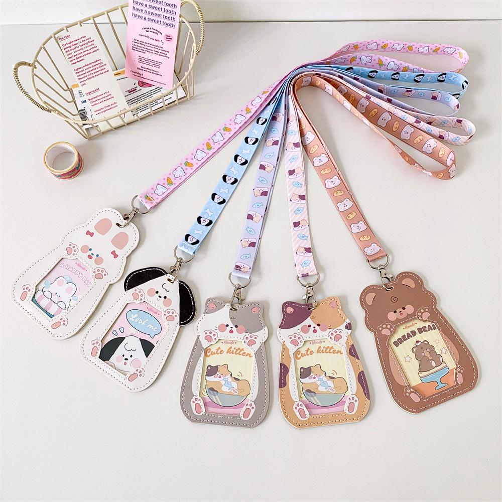Cartoon Cat Transparent Durable Card Holder with Lanyard for ID, Bus, Meal Cards