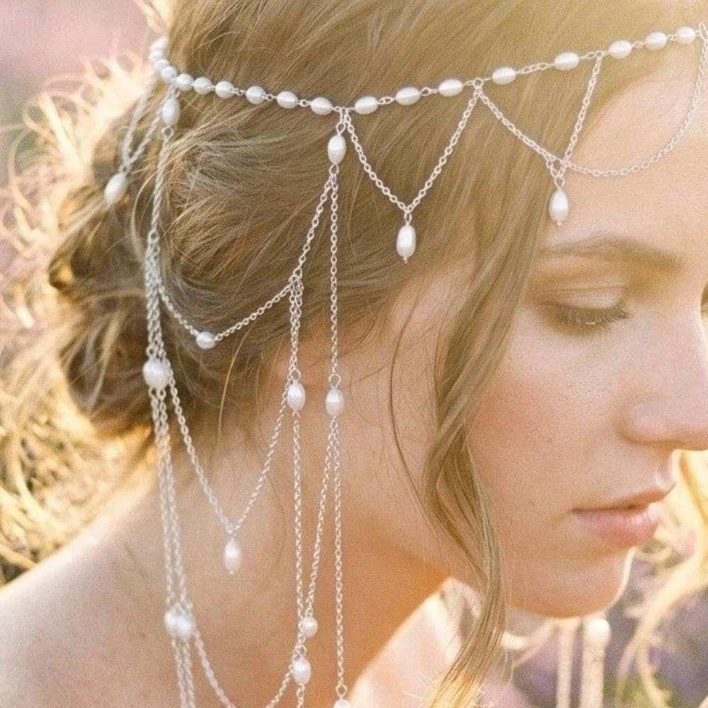 Vintage Pearl Headpiece Zircon Tassel Hair Chain High-End Style Bridal Head Chain Women