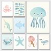 Cute Ocean Animals Watercolor Poster Minimalism Beach Octopus Whale Prints Canvas Painting Wall Art Picture Home Kids Room Decor