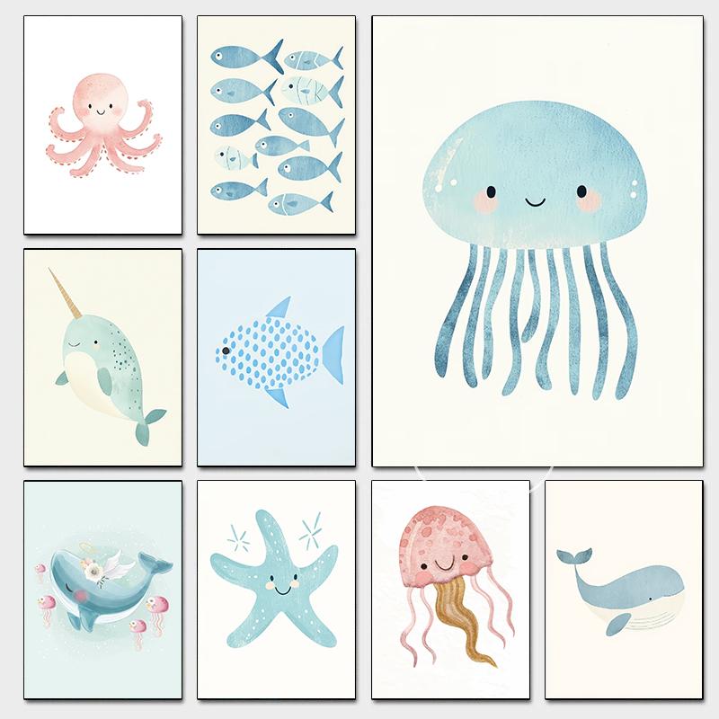 Cute Ocean Animals Watercolor Poster Minimalism Beach Octopus Whale Prints Canvas Painting Wall Art Picture Home Kids Room Decor