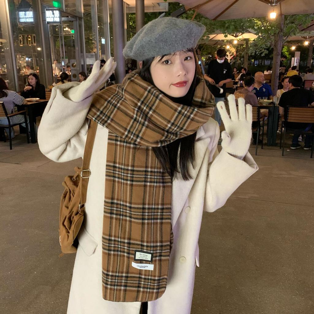 Korean Version Ins Soft Waxy Imitation Cashmere Green Plaid Scarf for Women Winter Color Matching Versatile Warm Student Knitted Scarf
