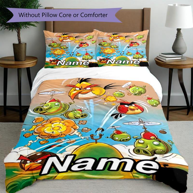 3pcs Duvet Cover Set (1*Duvet Cover + 2*Pillowcase, Without Core), Custom Name Angry Birds Pattern Bedding Set, Home Bedroom Decor Gift