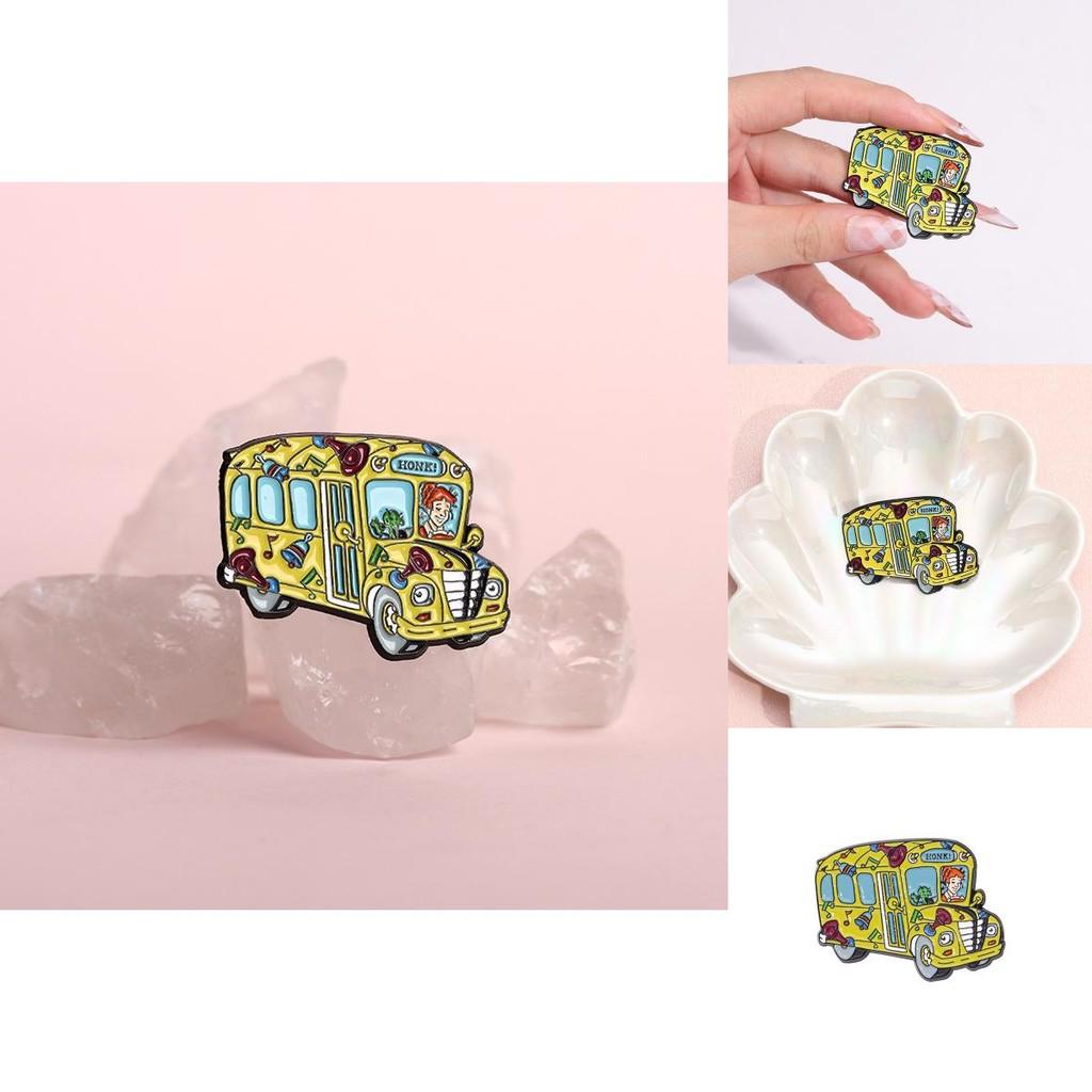 Creative Colorful Bus Shaped Badge Featuring Red Haired Girl Cartoon Design For Unique Personal Styling
