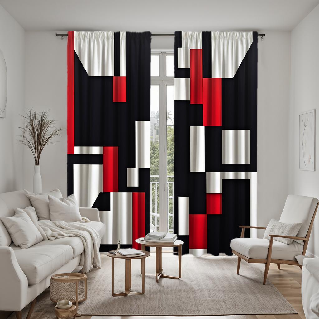 2 Pieces HD Digital Black White Red Series Abstract Geometric Curtains Home Decorating Style Decorating Living Room Bedroom Rodd