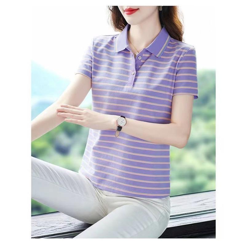 

YYFS Женская мода Повседневная Лето Весна Полосатый Принт Короткий рукав Воротник ПОЛО Блузки и Рубашки XXXL