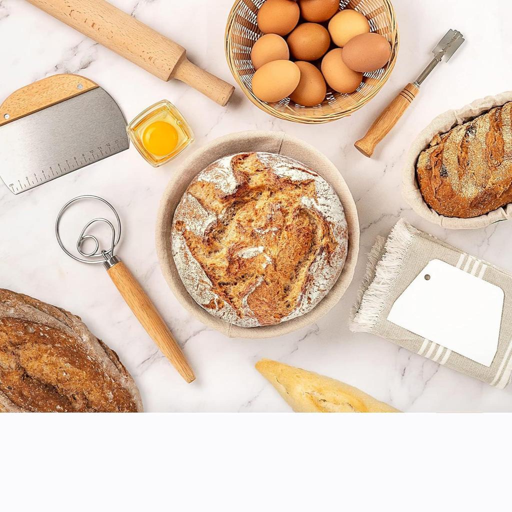 Runder & Ovaler Gärkörbchen, Brotteig-Tuch, Glasgefäß, Teigschneebesen, Teigschaber, Schablonen, Gestell & Beutel Komplette Sauerteigbrotbackutensilien