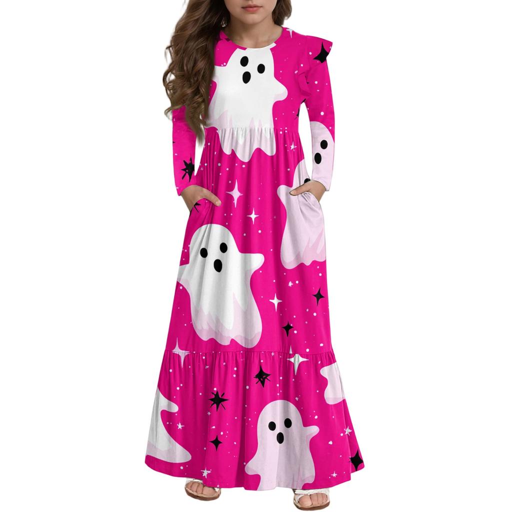 Girls' Tiered Ruffle Dress Halloween Day - Long Sleeve Printed Maxi With Pockets